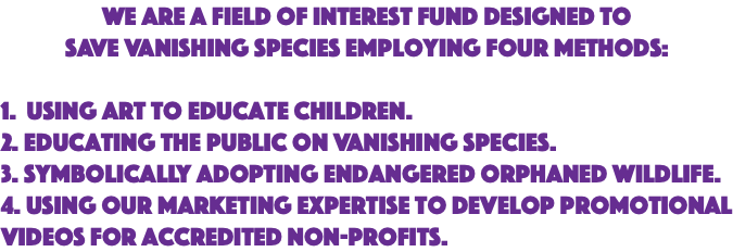 We are a field of interest fund designed to save vanishing species employing Four methods: 1. Using art to Educate children. 2. Educating the public on vanishing species. 3. Symbolically Adopting Endangered Orphaned Wildlife. 4. Using our marketing expertise to develop promotional videos for accredited non-profits.